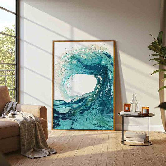 'Sandbanks Wave' - turquoise wall art, abstract wave painting on fine art paper for coastal interiors by Kate Shephard Art.