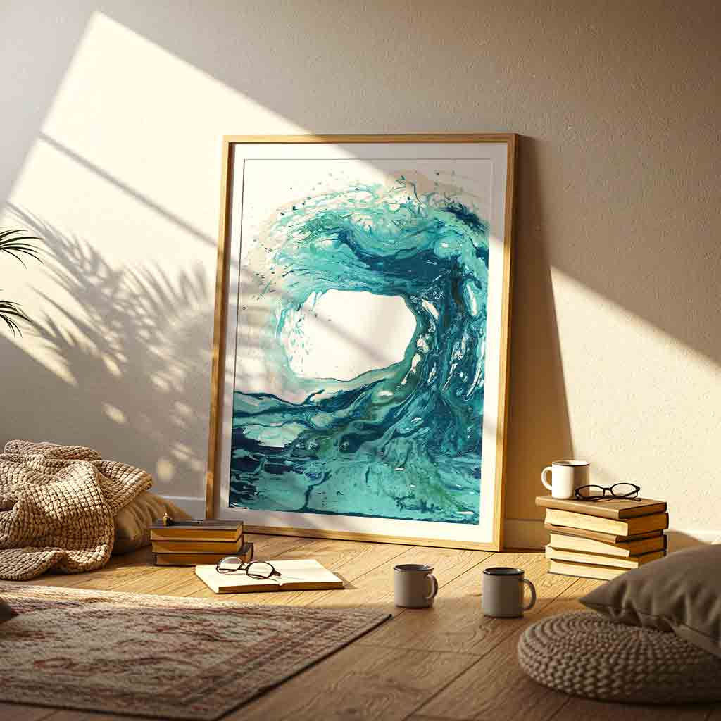 'Sandbanks Wave' - abstract seascape wave painting, turquoise wall art on fine art paper by Kate Shephard Art.