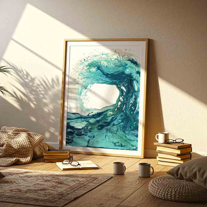 'Sandbanks Wave' - abstract seascape wave painting, turquoise wall art on fine art paper by Kate Shephard Art.