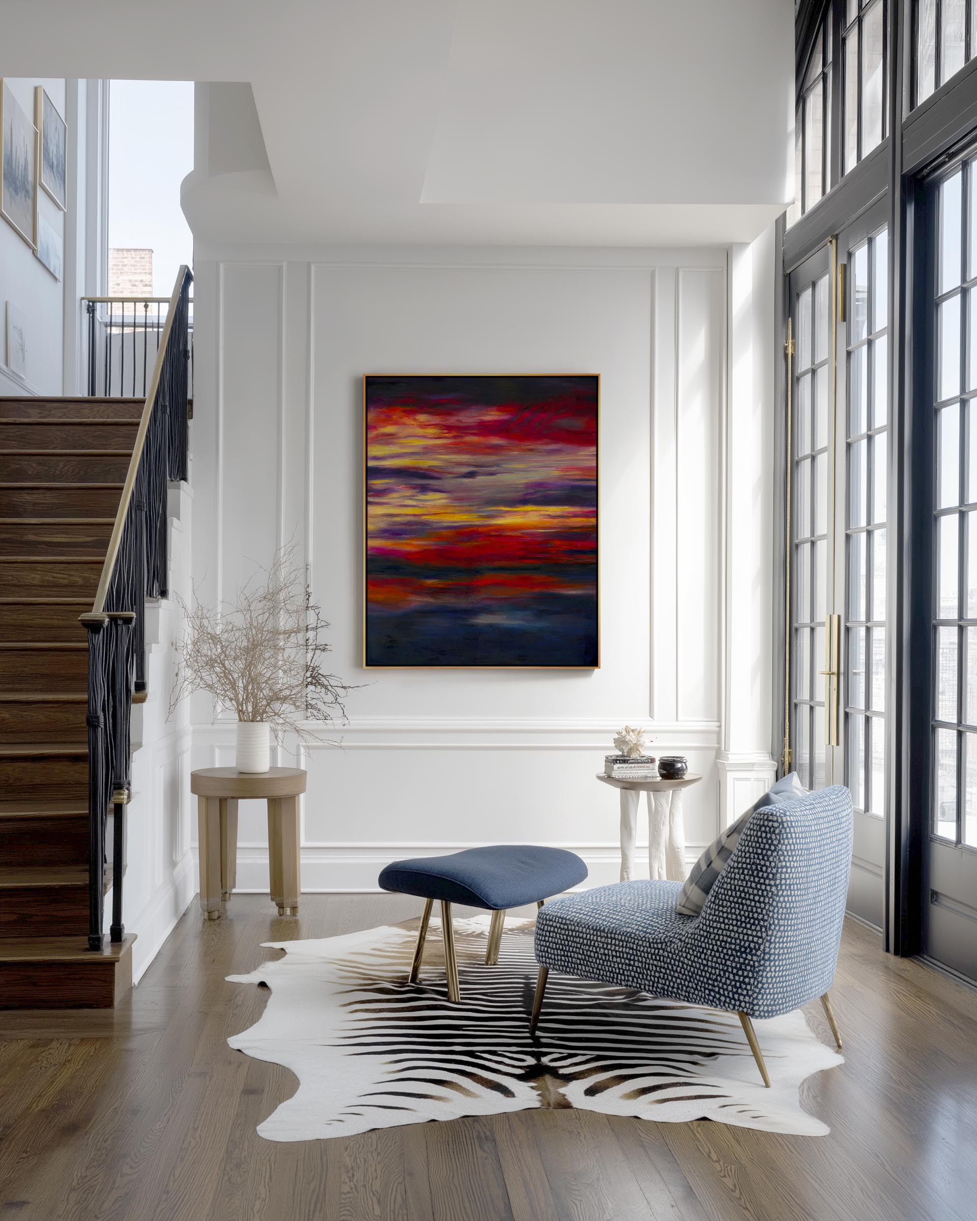 'Midnight Embers' - Colourful artwork canvas print in burning crimson, vivid yellow and deep navy — sunset art abstract capturing the drama and solace of a summer sky over the sea, by Kate Shephard Art.