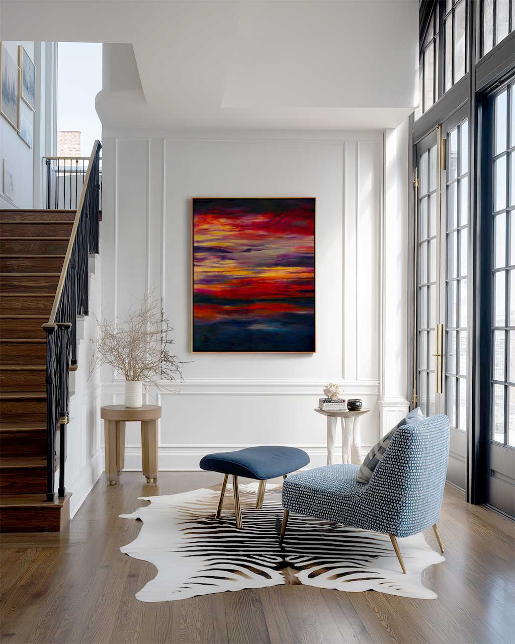 'Midnight Embers' - Colourful artwork canvas print in burning crimson, vivid yellow and deep navy — sunset art abstract capturing the drama and solace of a summer sky over the sea, by Kate Shephard Art.