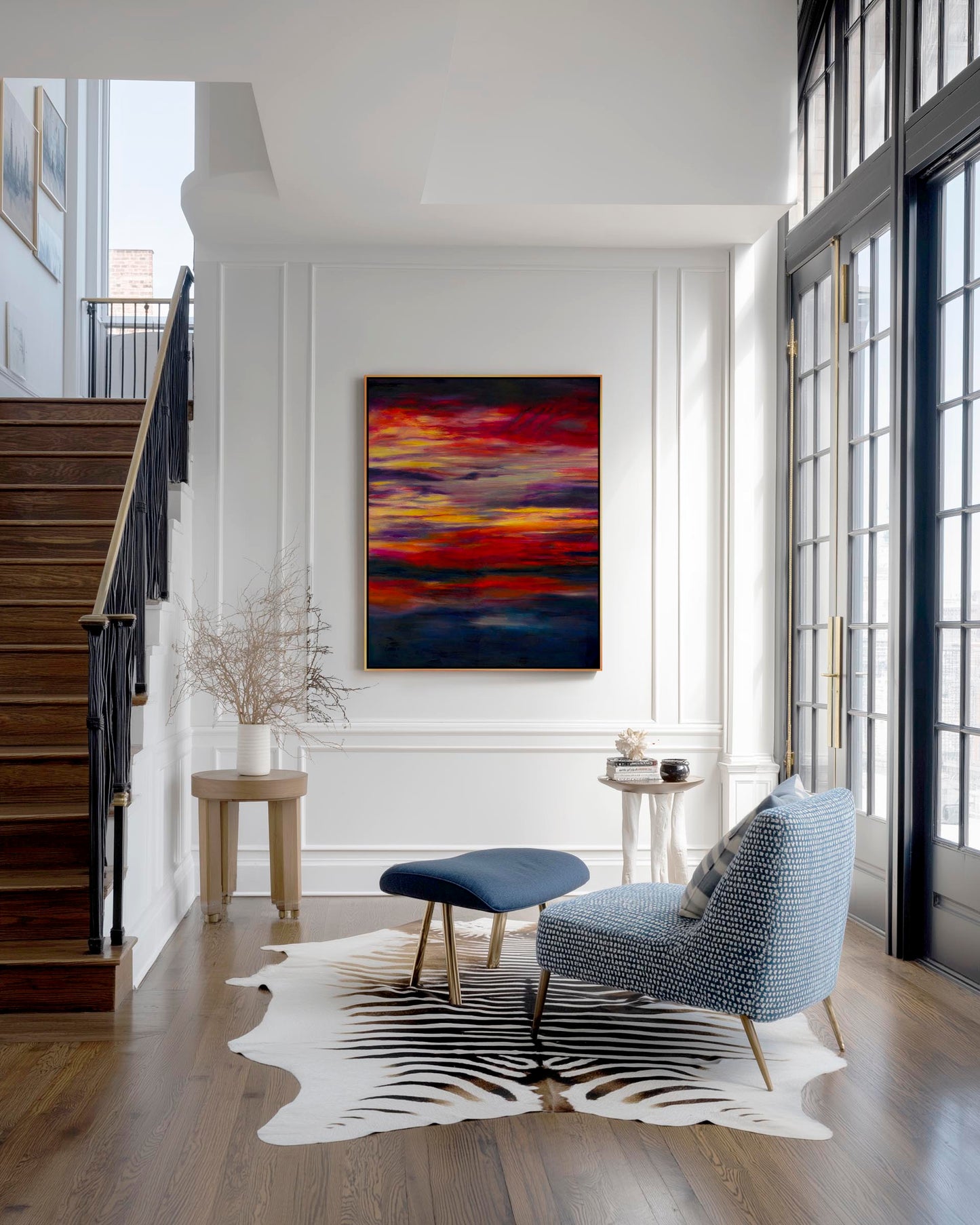 'Midnight Embers' - Original art oil painting in dramatic horizontal bands of crimson, orange, vivid yellow and deep navy — bold sunset artwork painting ready to hang, by Kate Shephard Art.