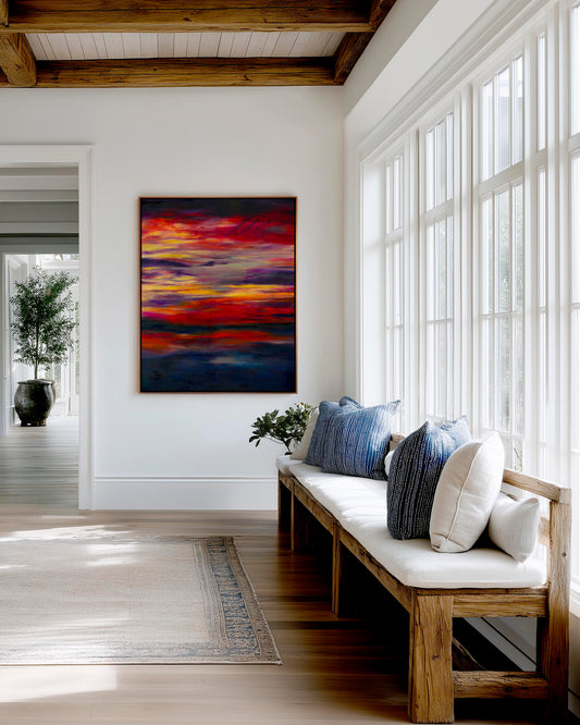 'Midnight Embers' - Beautiful sky art in horizontal bands of burning red, orange and vivid yellow — sunset art abstract canvas print in rich, dramatic oils for soulful contemporary homes, by Kate Shephard Art.