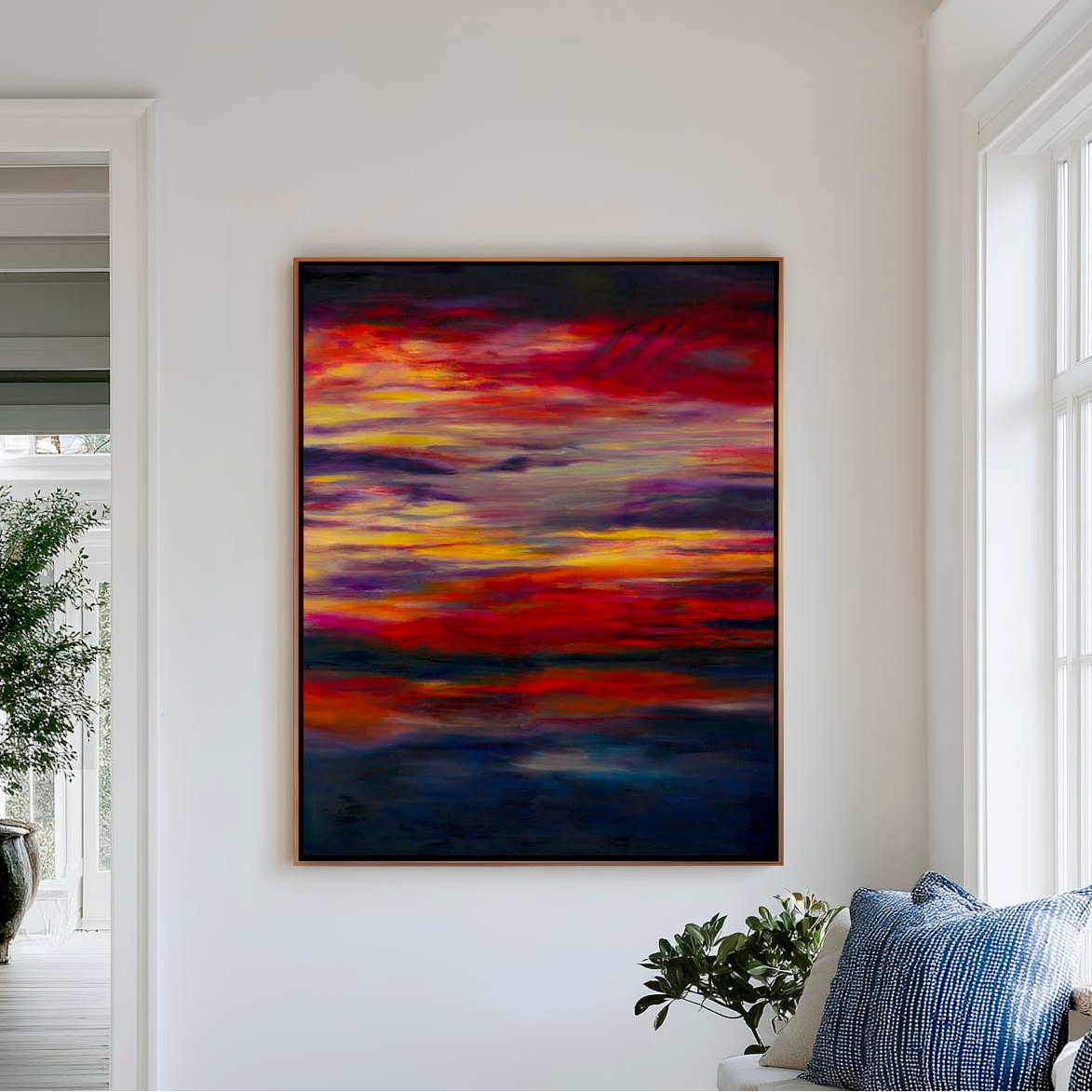 'Midnight Embers' - Colourful artwork in fiery horizontal bands of red, yellow and orange — sunset art abstract canvas print and beautiful sky art for soulful dramatic contemporary interiors, by Kate Shephard Art.