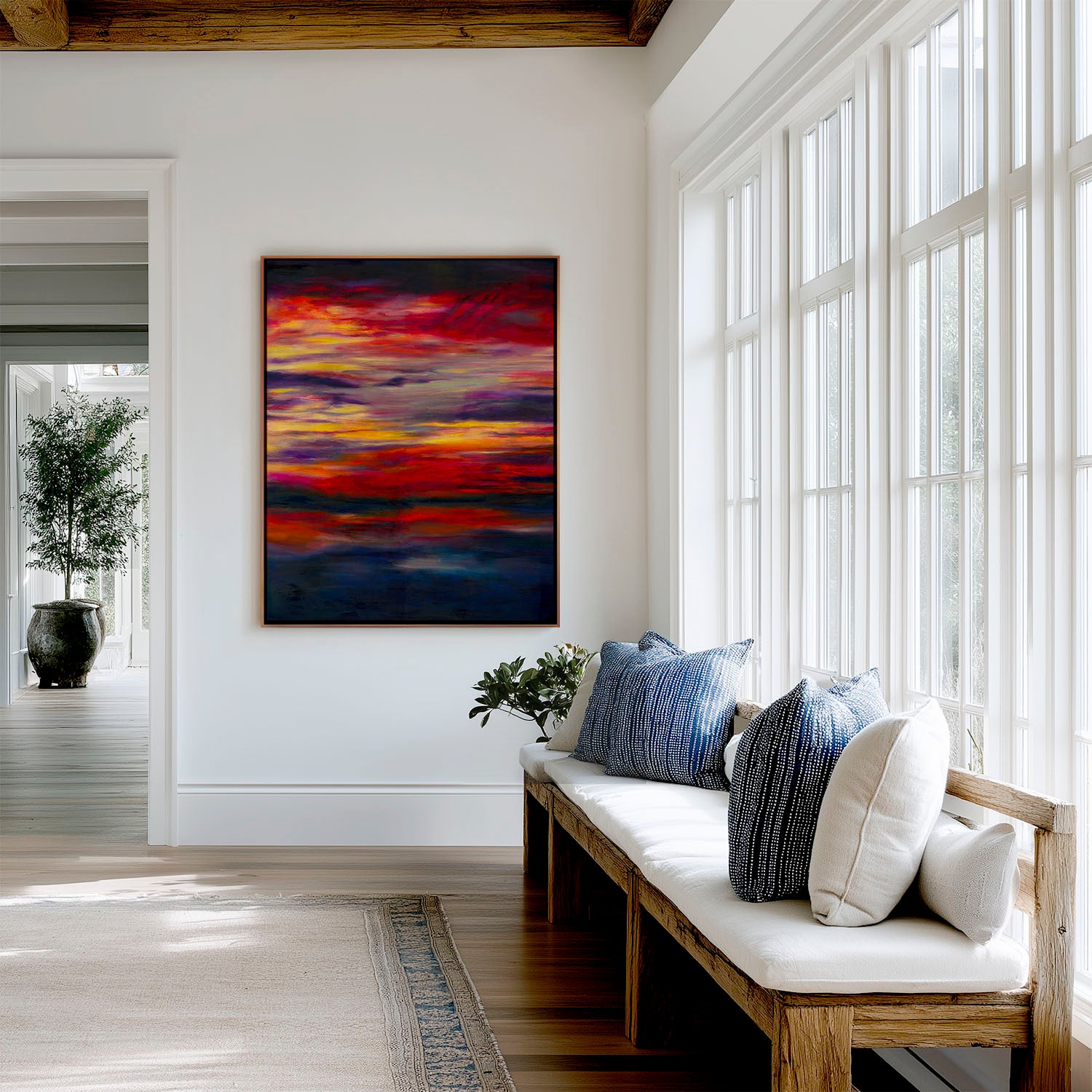 'Midnight Embers' - Beautiful sky art in horizontal bands of burning red, orange and vivid yellow — sunset art abstract canvas print in rich, dramatic oils for soulful contemporary homes, by Kate Shephard Art.