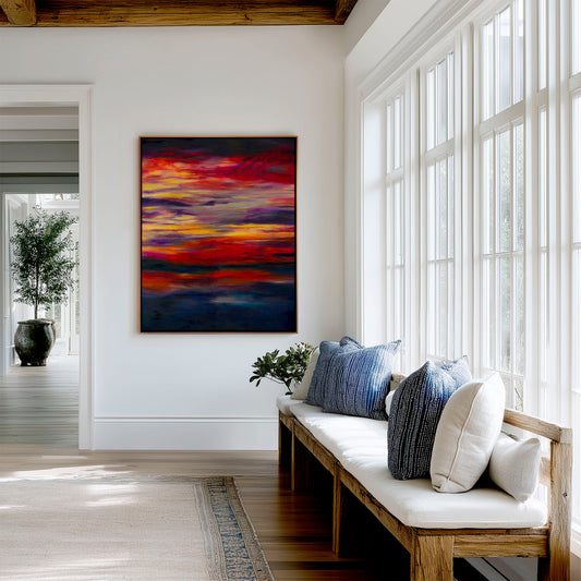 'Midnight Embers' - Beautiful sky art in horizontal bands of burning red, orange and vivid yellow — sunset art abstract canvas print in rich, dramatic oils for soulful contemporary homes, by Kate Shephard Art.