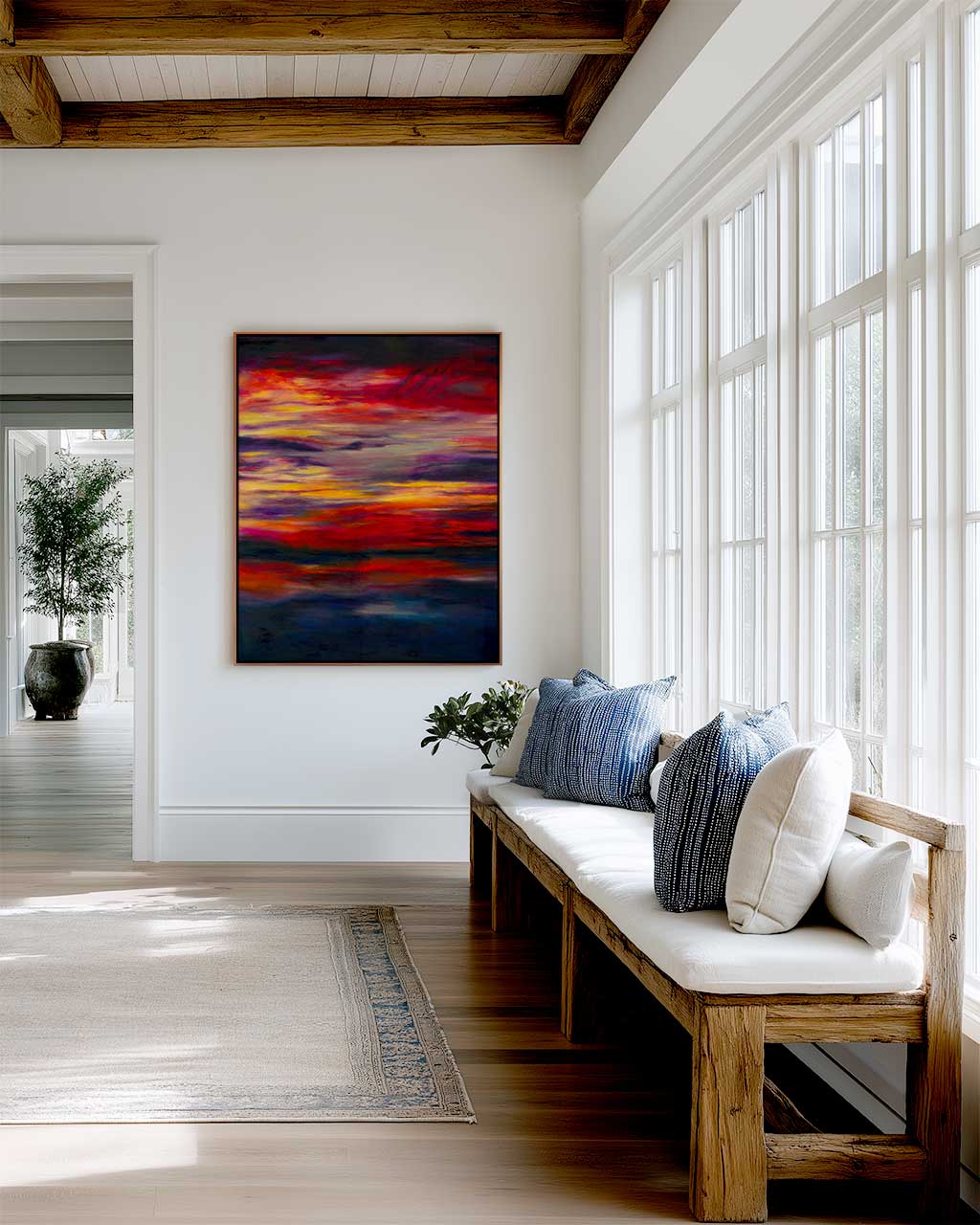 'Midnight Embers' - Colourful artwork canvas print in burning crimson, vivid yellow and deep navy — sunset art abstract capturing the drama and solace of a summer sky over the sea, by Kate Shephard Art.