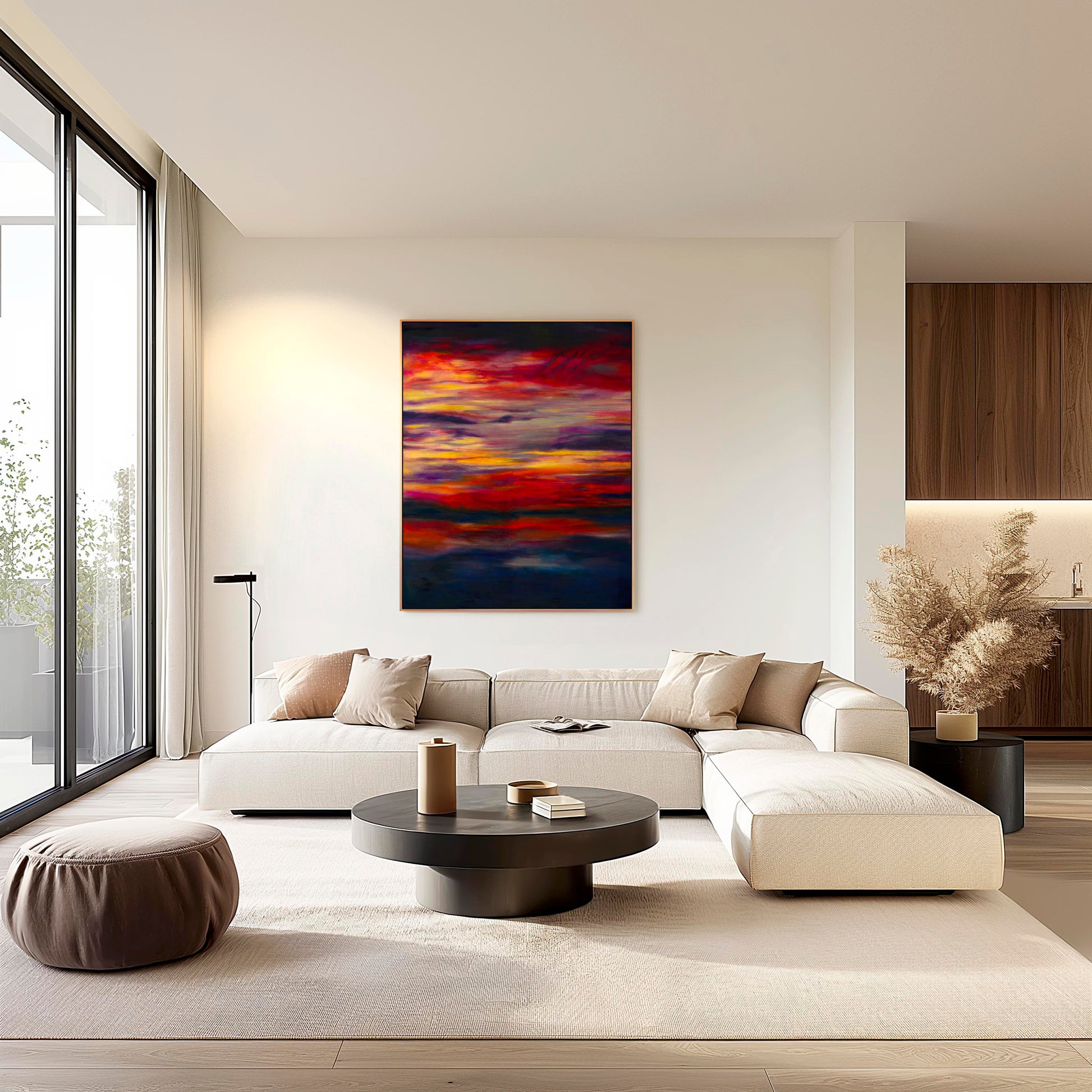 'Midnight Embers' - A dramatic sunset art abstract canvas print in fiery reds and vivid yellows against deep navy charcoal — colourful artwork and beautiful sky art with extraordinary presence, by Kate Shephard Art.