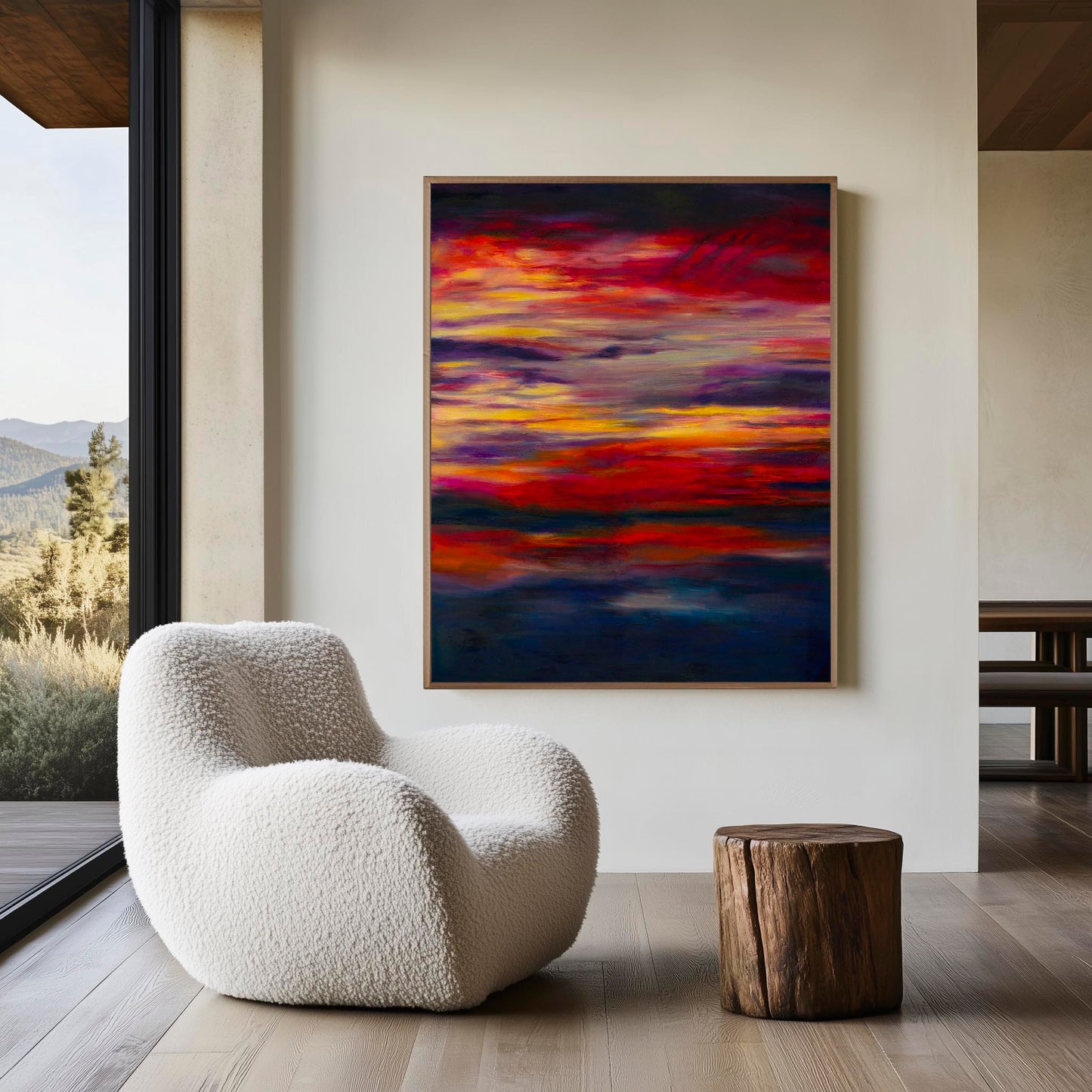 'Midnight Embers' - Sunset art abstract in burning crimson, vivid yellow and deep navy — colourful artwork canvas print capturing the drama and stillness of a summer sky at its most extraordinary, by Kate Shephard Art.