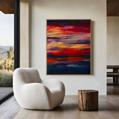 'Midnight Embers' - Sunset art abstract in burning crimson, vivid yellow and deep navy — colourful artwork canvas print capturing the drama and stillness of a summer sky at its most extraordinary, by Kate Shephard Art.