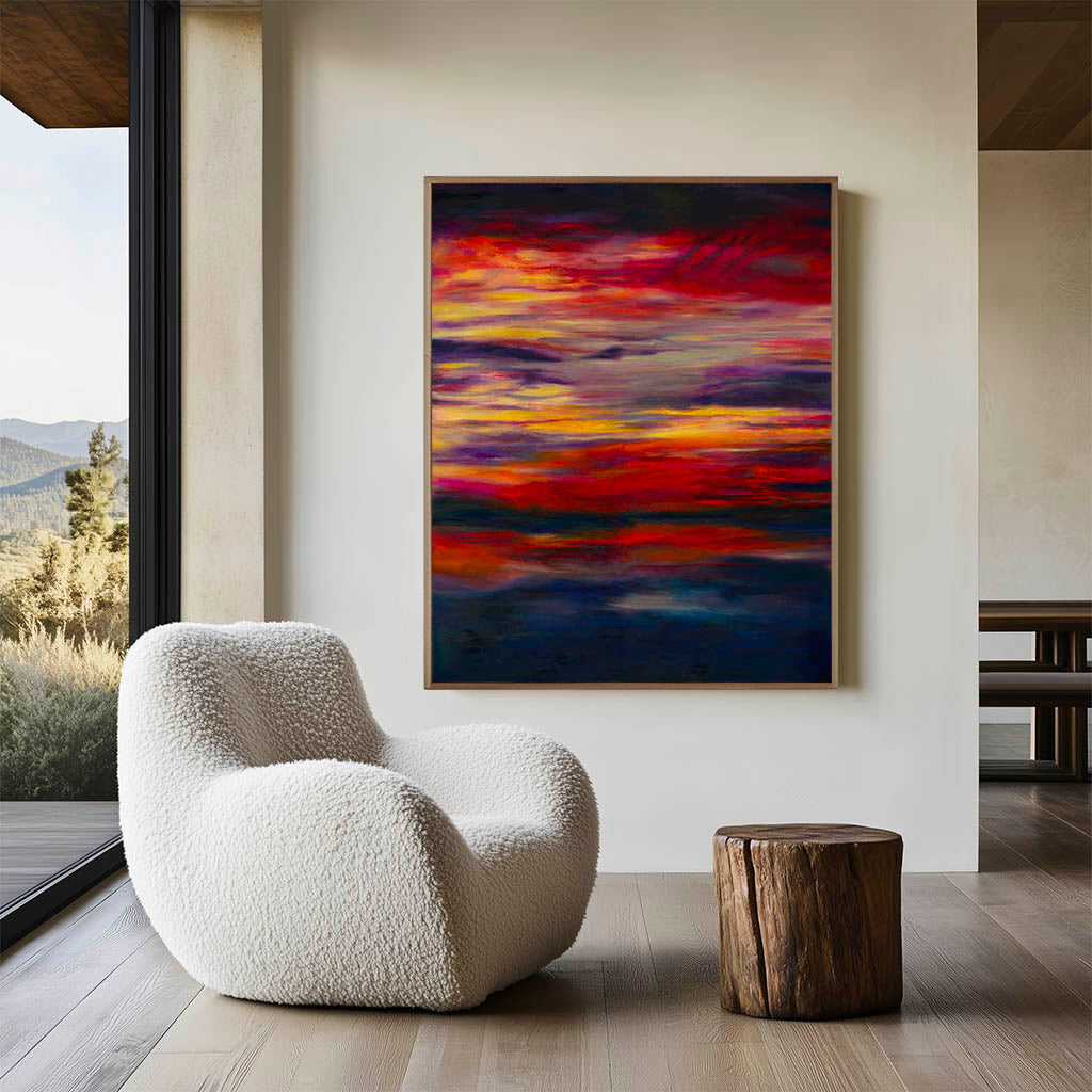 'Midnight Embers' - Sunset art abstract in burning crimson, vivid yellow and deep navy — colourful artwork canvas print capturing the drama and stillness of a summer sky at its most extraordinary, by Kate Shephard Art.