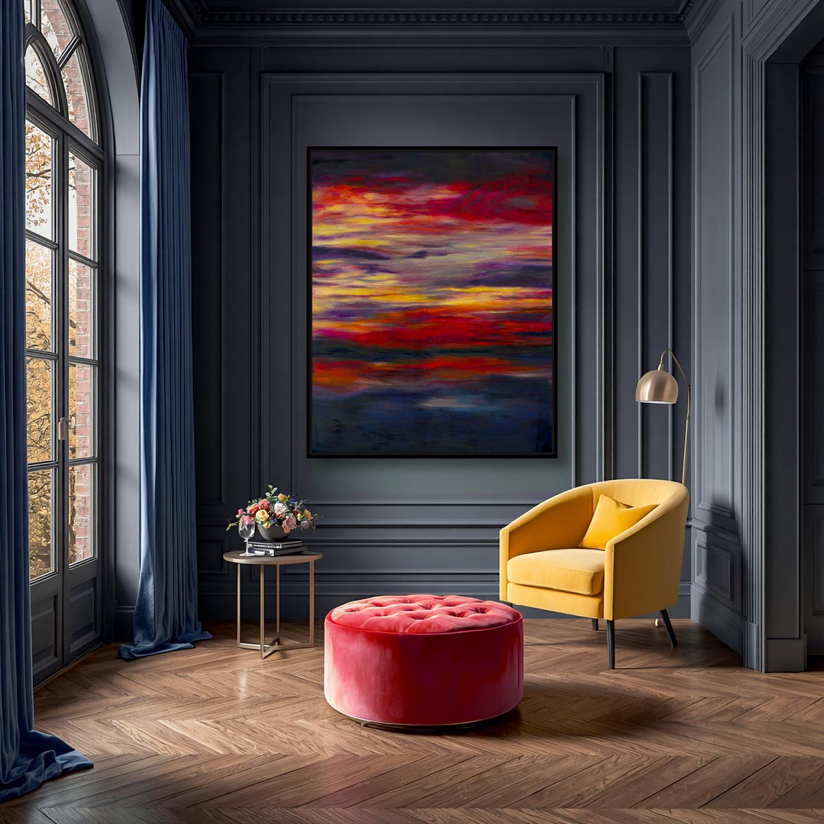 'Midnight Embers' - Sunset art abstract canvas print in burning red, crimson, vivid yellow and deep navy — dramatic colourful artwork and beautiful sky art for soulful contemporary interiors, by Kate Shephard Art.