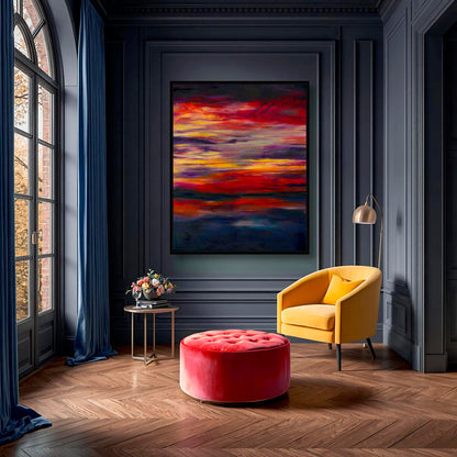 'Midnight Embers' - Sunset art abstract canvas print in burning red, crimson, vivid yellow and deep navy — dramatic colourful artwork and beautiful sky art for soulful contemporary interiors, by Kate Shephard Art.