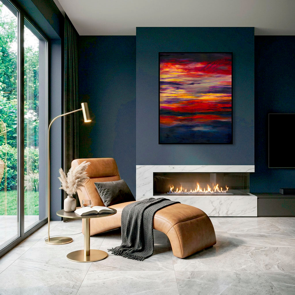 'Midnight Embers' - Dark abstract wall art fine art print in burning red, crimson, vivid yellow and deep navy — dramatic sunset artwork for bold soulful contemporary interiors, by Kate Shephard Art.