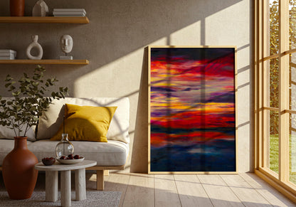'Midnight Embers' - A dramatic sunset artwork fine art print in fiery reds, orange and vivid yellow against deep navy charcoal — dark abstract wall art with real emotional depth, by Kate Shephard Art.