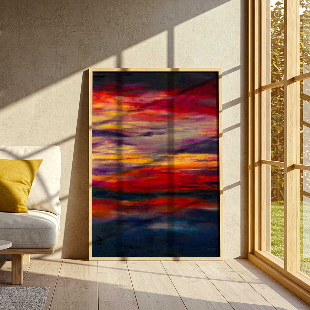 'Midnight Embers' - A dramatic sunset artwork fine art print in fiery reds, orange and vivid yellow against deep navy charcoal — dark abstract wall art with real emotional depth, by Kate Shephard Art.