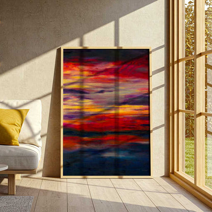 'Midnight Embers' - A dramatic sunset artwork fine art print in fiery reds, orange and vivid yellow against deep navy charcoal — dark abstract wall art with real emotional depth, by Kate Shephard Art.