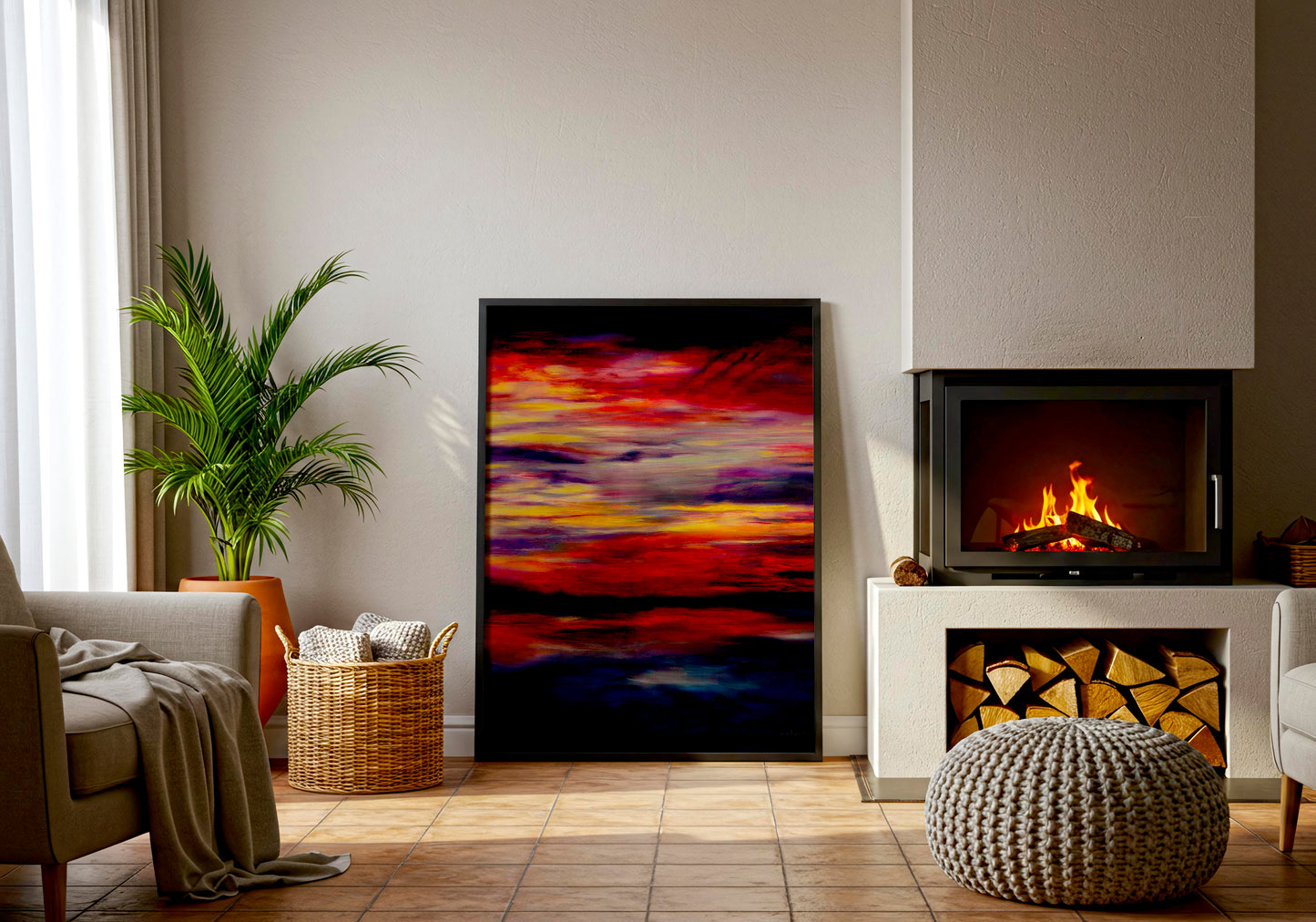'Midnight Embers' - A vibrant sunset artwork fine art print in burning red and vivid yellow against deep navy — dark abstract wall art for bold dramatic contemporary interiors, by Kate Shephard Art.