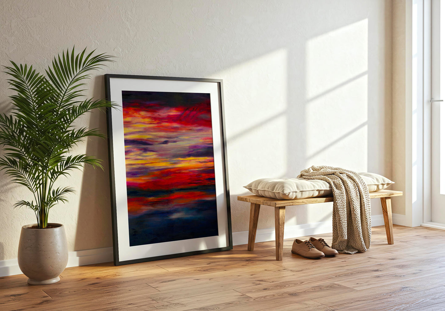 'Midnight Embers' - A dramatic sunset artwork in burning reds and vivid yellow against deep navy charcoal — dark abstract wall art fine art print on 230gsm archival paper, by Kate Shephard Art.