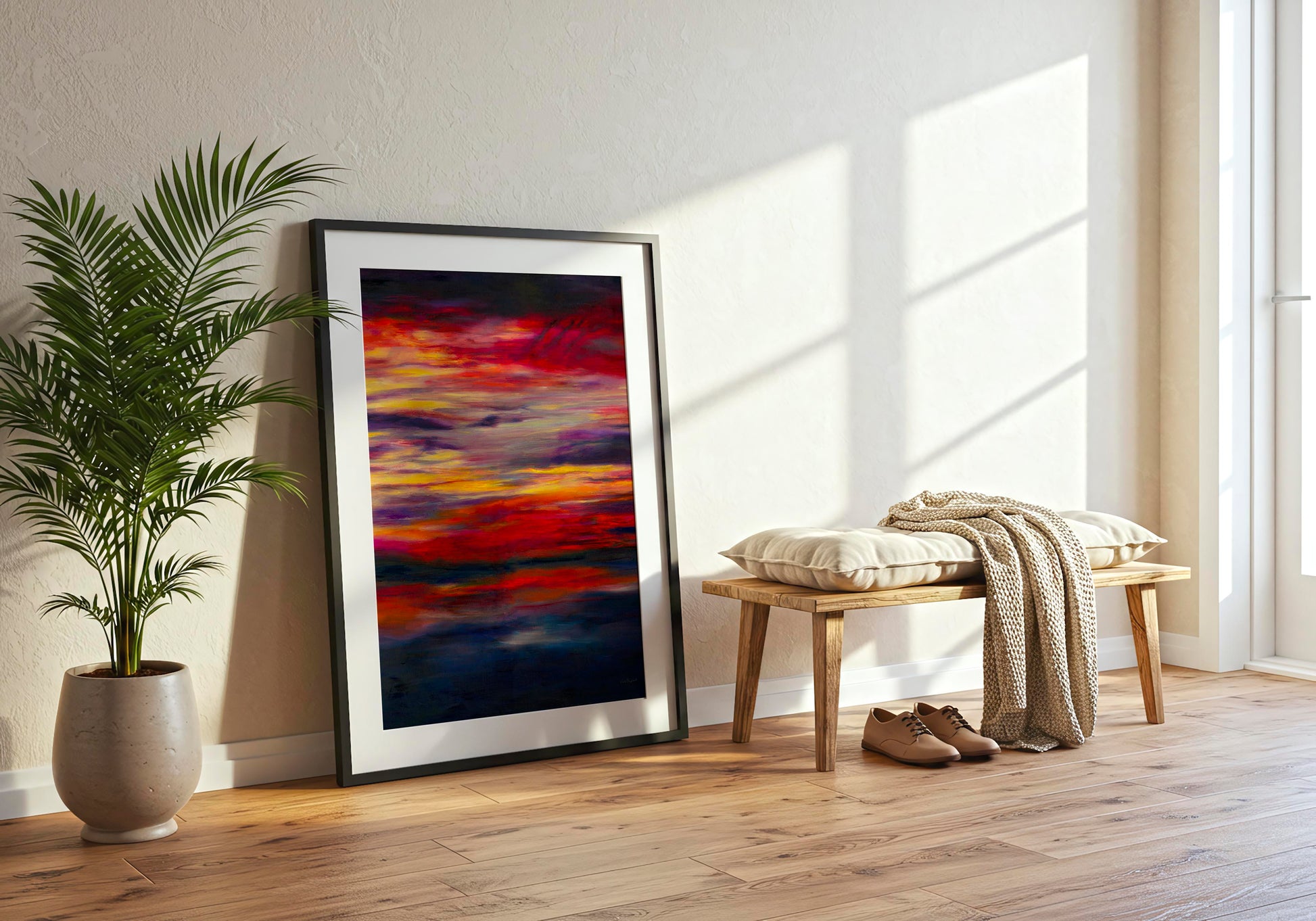 'Midnight Embers' - A dramatic sunset artwork in burning reds and vivid yellow against deep navy charcoal — dark abstract wall art fine art print on 230gsm archival paper, by Kate Shephard Art.
