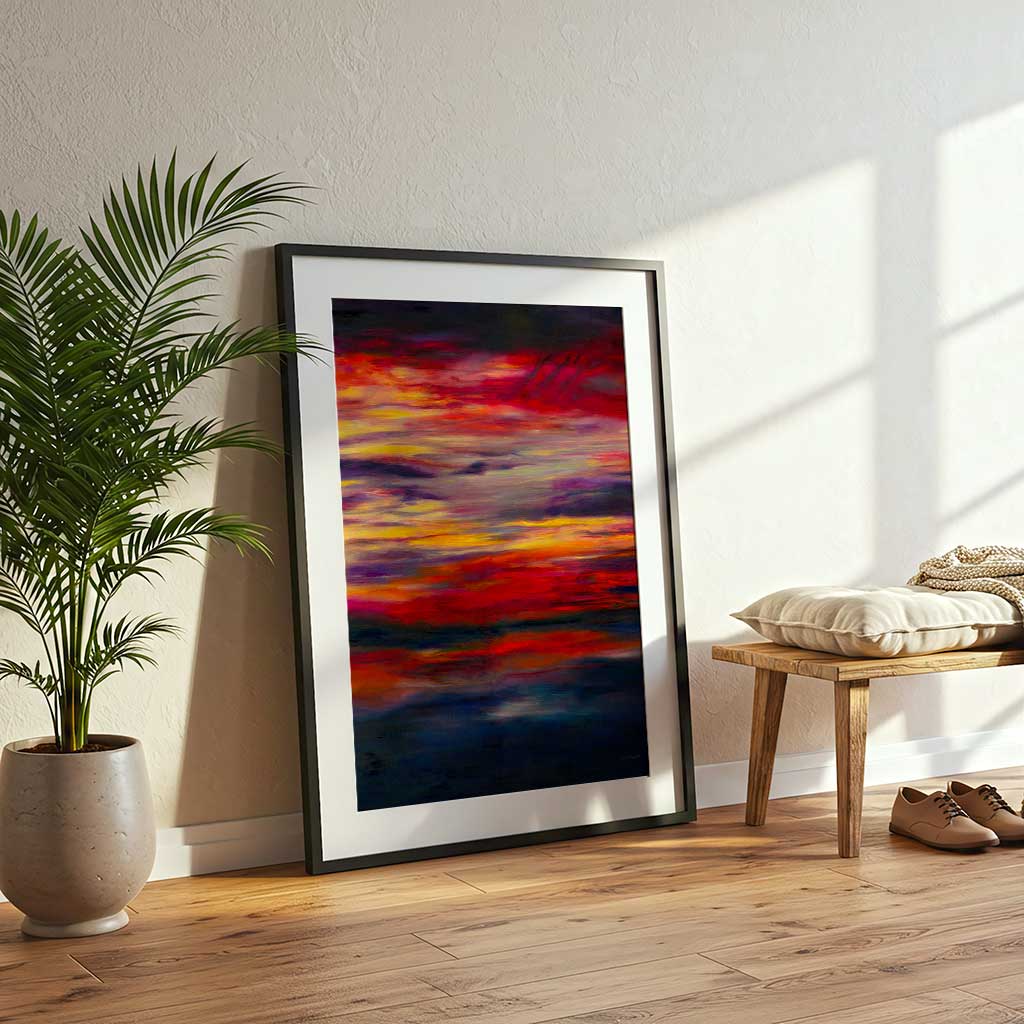 'Midnight Embers' - A dramatic sunset artwork in burning reds and vivid yellow against deep navy charcoal — dark abstract wall art fine art print on 230gsm archival paper, by Kate Shephard Art.