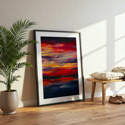 'Midnight Embers' - A dramatic sunset artwork in burning reds and vivid yellow against deep navy charcoal — dark abstract wall art fine art print on 230gsm archival paper, by Kate Shephard Art.