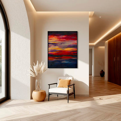 'Midnight Embers' - Dark abstract wall art fine art print in fiery horizontal bands of crimson, orange and vivid yellow — dramatic sunset artwork with extraordinary presence and depth, by Kate Shephard Art.