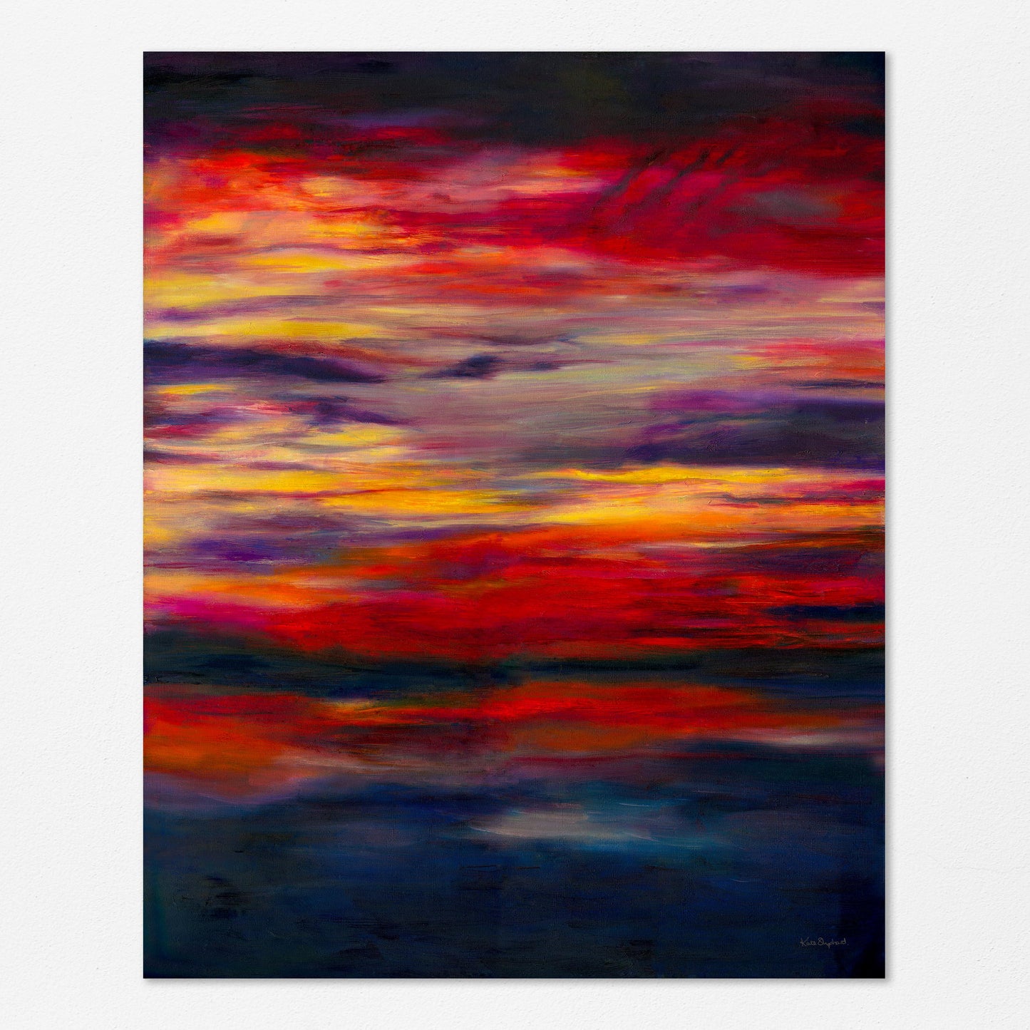 'Midnight Embers' - Vibrant sunset artwork fine art print in burning crimson and vivid yellow against deep navy charcoal — dark abstract wall art with extraordinary depth and drama, by Kate Shephard Art.