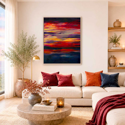 'Midnight Embers' - Beautiful sky art in horizontal bands of burning red, orange and vivid yellow — sunset art abstract canvas print in rich, dramatic oils for soulful contemporary homes, by Kate Shephard Art.
