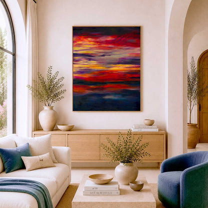 'Midnight Embers' - Colourful artwork canvas print in burning crimson, vivid yellow and deep navy — sunset art abstract capturing the drama and solace of a summer sky over the sea, by Kate Shephard Art.