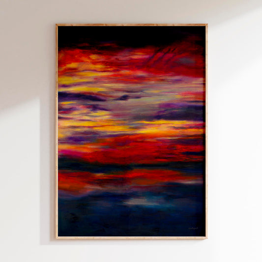 'Midnight Embers' - A vibrant and dramatic sunset artwork fine art print in burning red, orange and vivid yellow — dark abstract wall art that brings extraordinary solace to any room, by Kate Shephard Art.