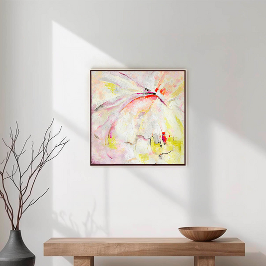 'Taking Flight' - Hope art original artwork in vibrant yellow, blue and green oil paint, abstract freedom art framed in white wood float frame by Kate Shephard Art.