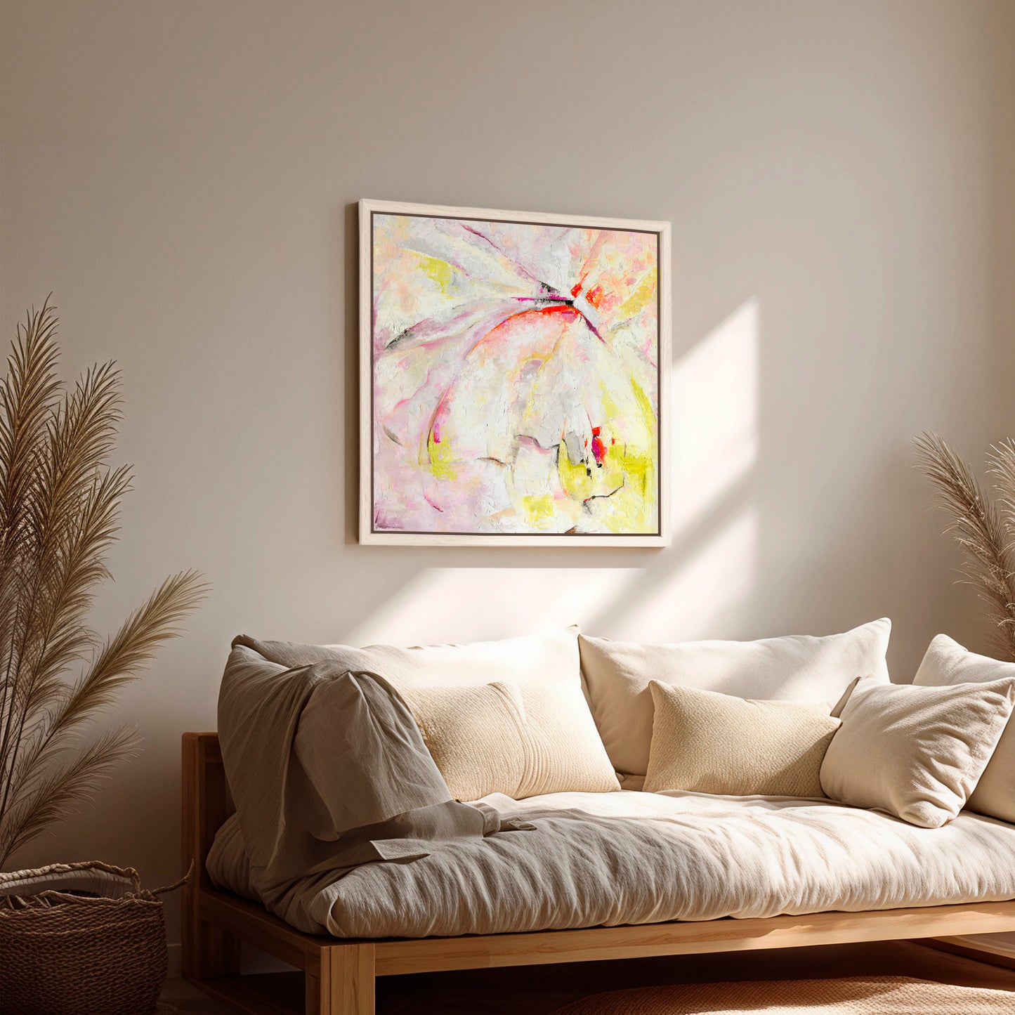 'Taking Flight' - Original artwork 50x50cm oil on canvas board in joyful yellows blues and greens, abstract hope art by Kate Shephard Art.