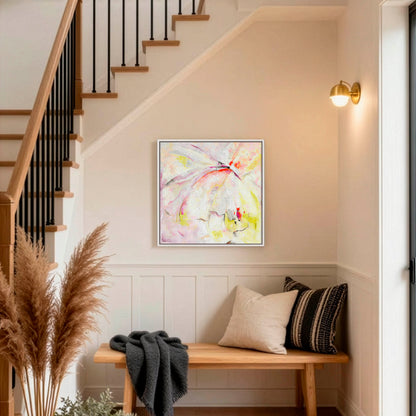 'Taking Flight' - Hope art original artwork hung on a white wall in white wood float frame, vibrant abstract freedom painting by Kate Shephard Art.