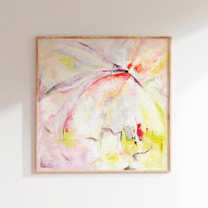 'Taking Flight' - A vibrant abstract floral canvas print in vivid pinks, violet, lemon yellow and lime green — expressive oil painting full of upward energy, freedom and joyful release, by Kate Shephard Art.