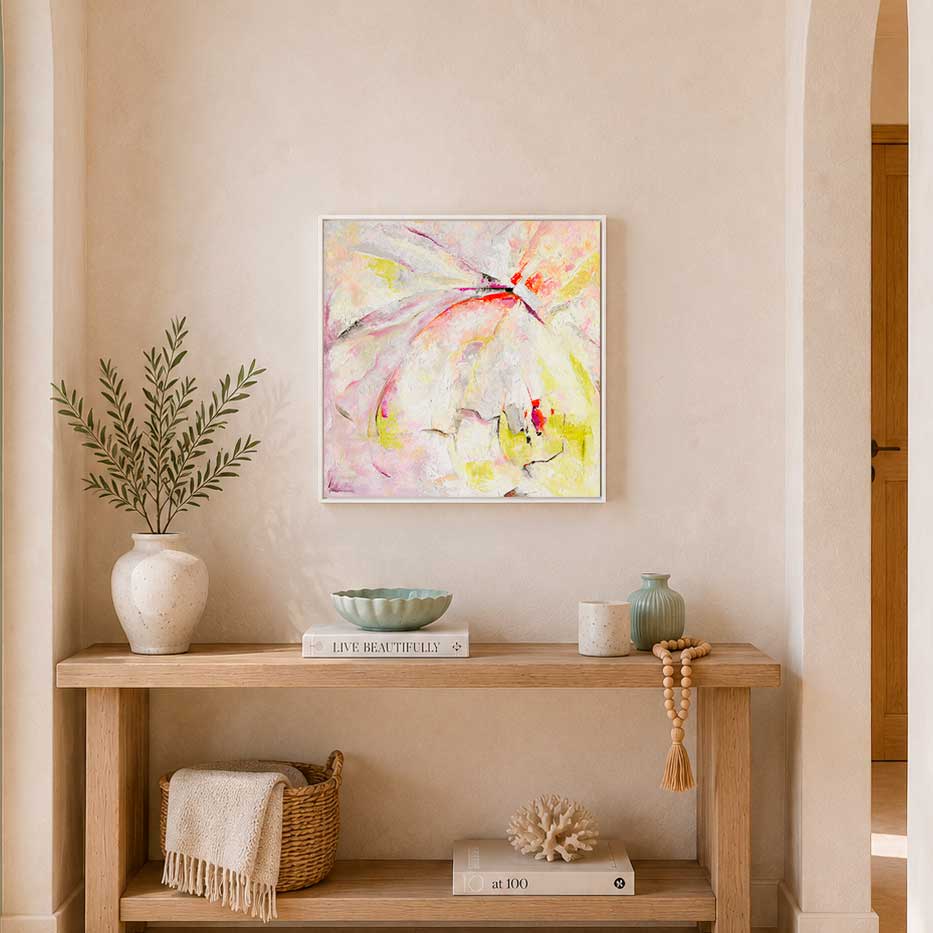 'Taking Flight' - Hope art original artwork in vibrant yellow, blue and green oil paint, abstract freedom art framed in white wood float frame by Kate Shephard Art.