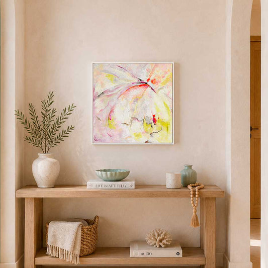 'Taking Flight' - Hope art original artwork in vibrant yellow, blue and green oil paint, abstract freedom art framed in white wood float frame by Kate Shephard Art.