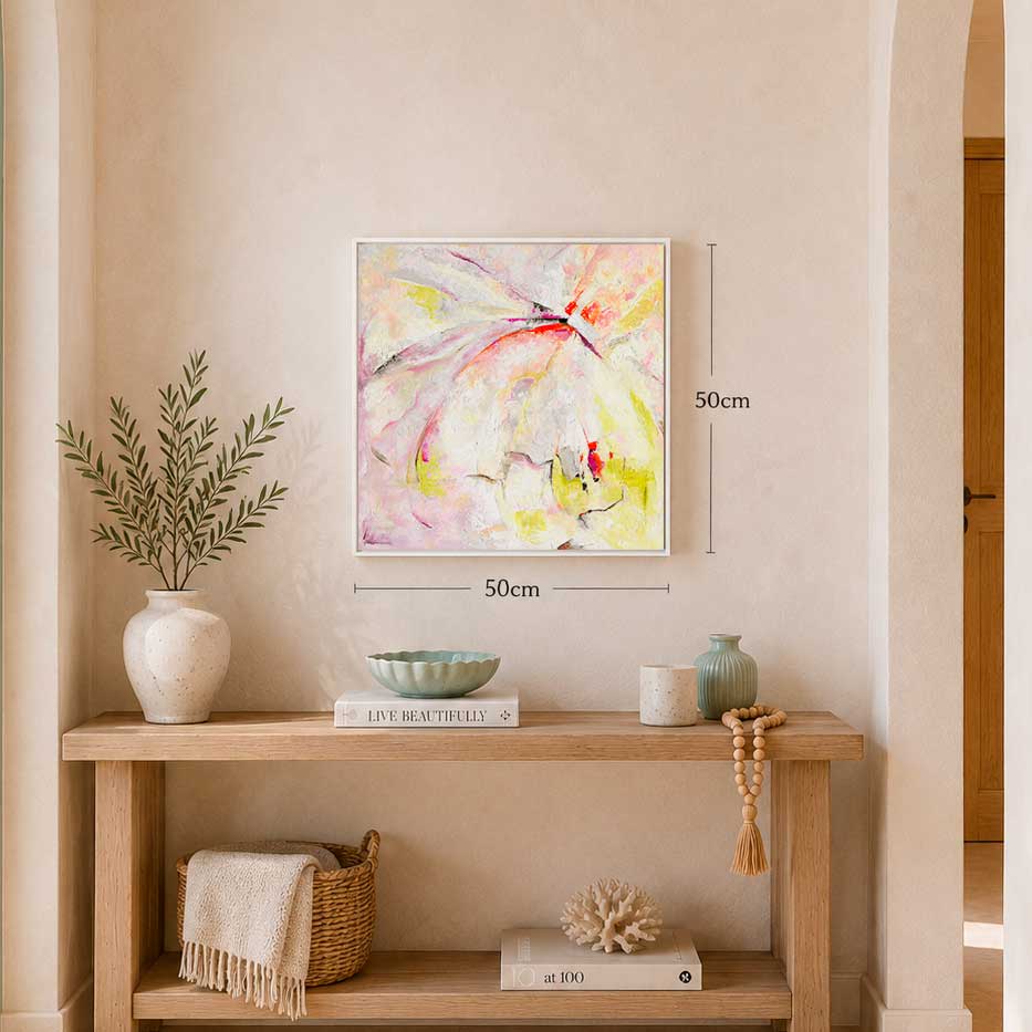'Taking Flight' - Hope art original artwork in vibrant yellow, blue and green oil paint, abstract freedom art framed in white wood float frame by Kate Shephard Art.