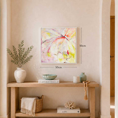 'Taking Flight' - Hope art original artwork in vibrant yellow, blue and green oil paint, abstract freedom art framed in white wood float frame by Kate Shephard Art.