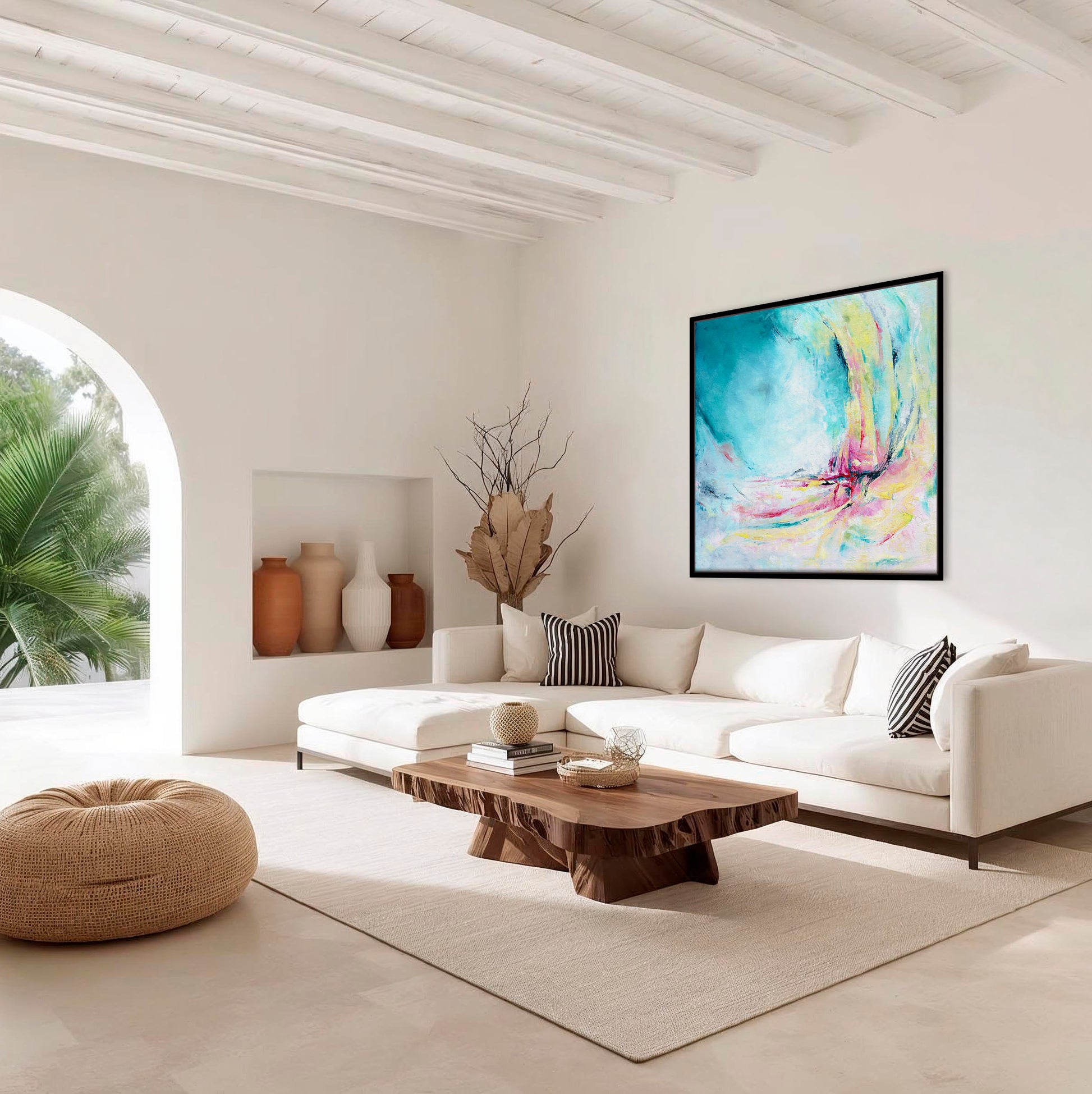 'Caribbean Blue' - Close-up of expressive brushwork in vibrant turquoise and hot pink, summer artwork abstract canvas print.