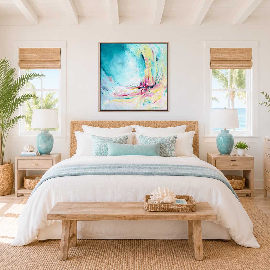 'Caribbean Blue' - Summer artwork abstract canvas print in vibrant turquoise, hot pink and warm yellow, joyful wall art for living room or bedroom.