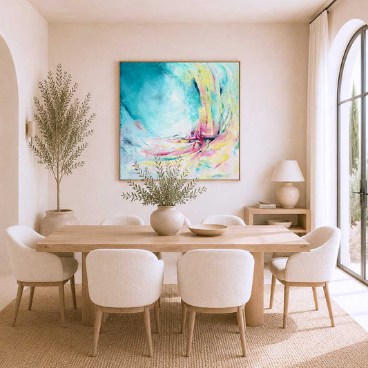 'Caribbean Blue' - Detail of sweeping brushwork in luminous teal and lime green, abstract summer artwork canvas print.