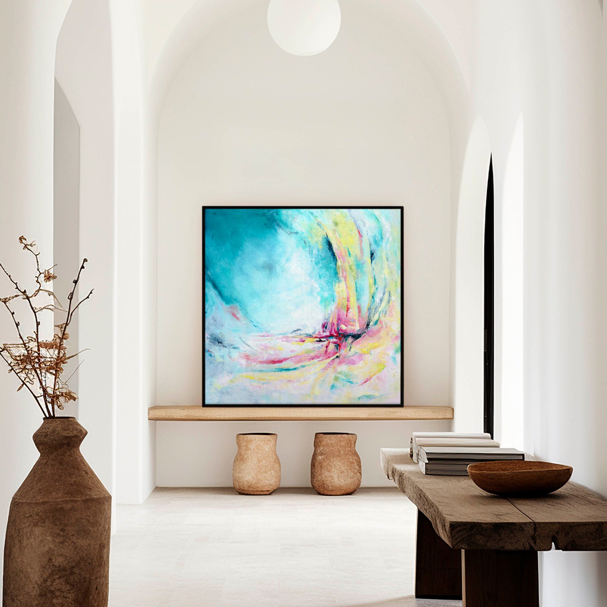 'Caribbean Blue' - Abstract summer artwork in bright teal, yellow and pink tones, joyful expressive canvas print for living room.