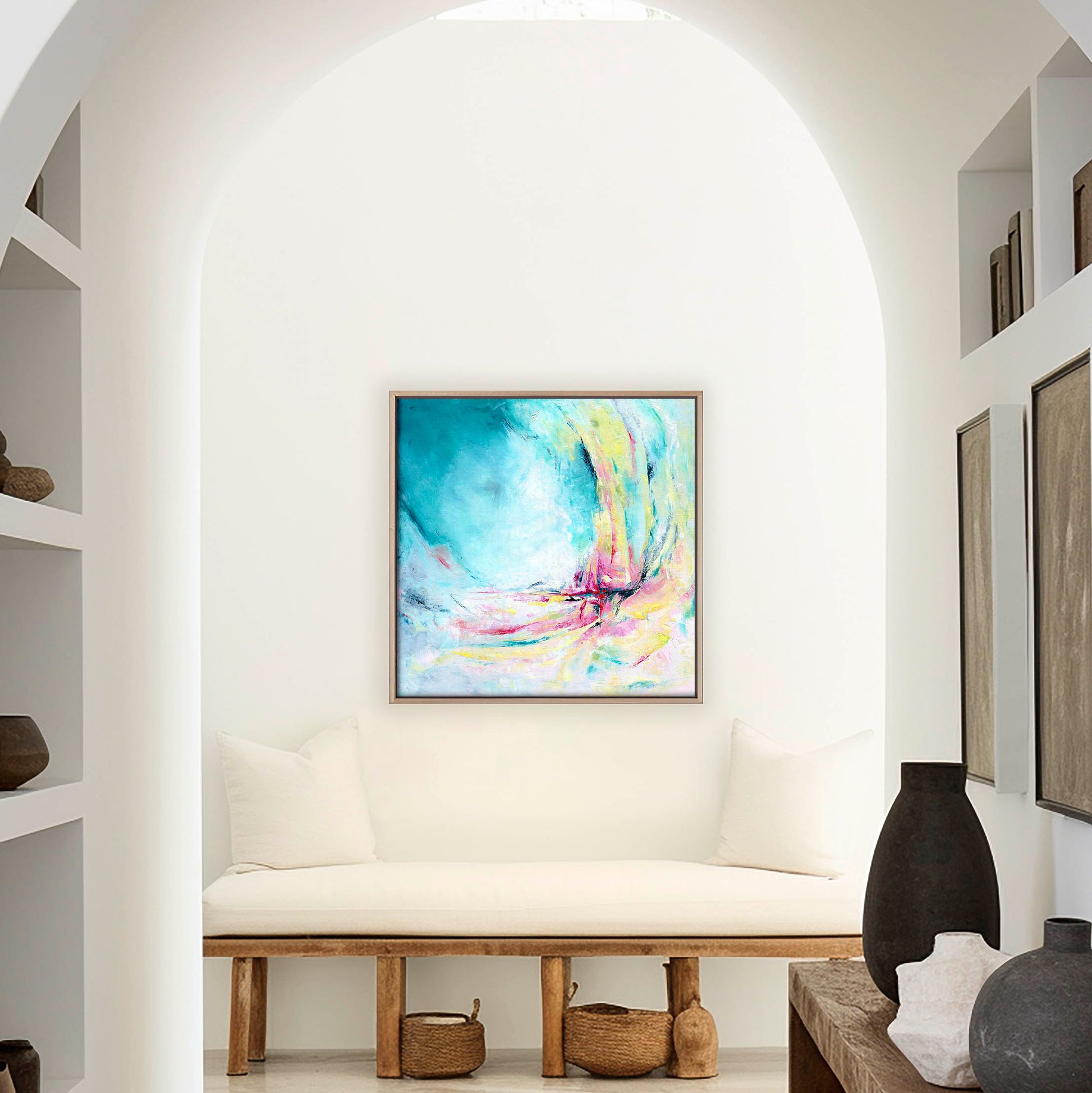 'Caribbean Blue' - Summer artwork canvas print hung on a white wall, vibrant turquoise and pink abstract wall art.