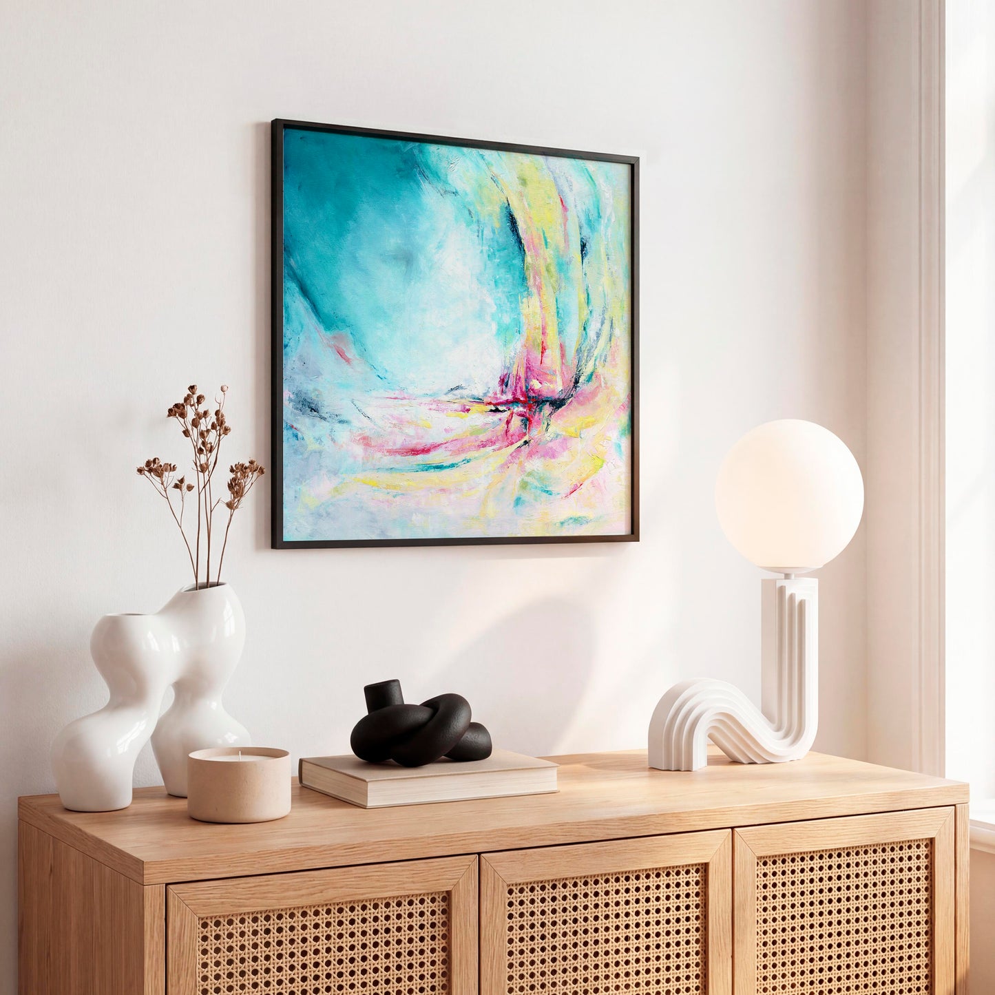 'Caribbean Blue' - Bold colourful abstract canvas print in Caribbean turquoise and hot pink, summer artwork for bedroom.