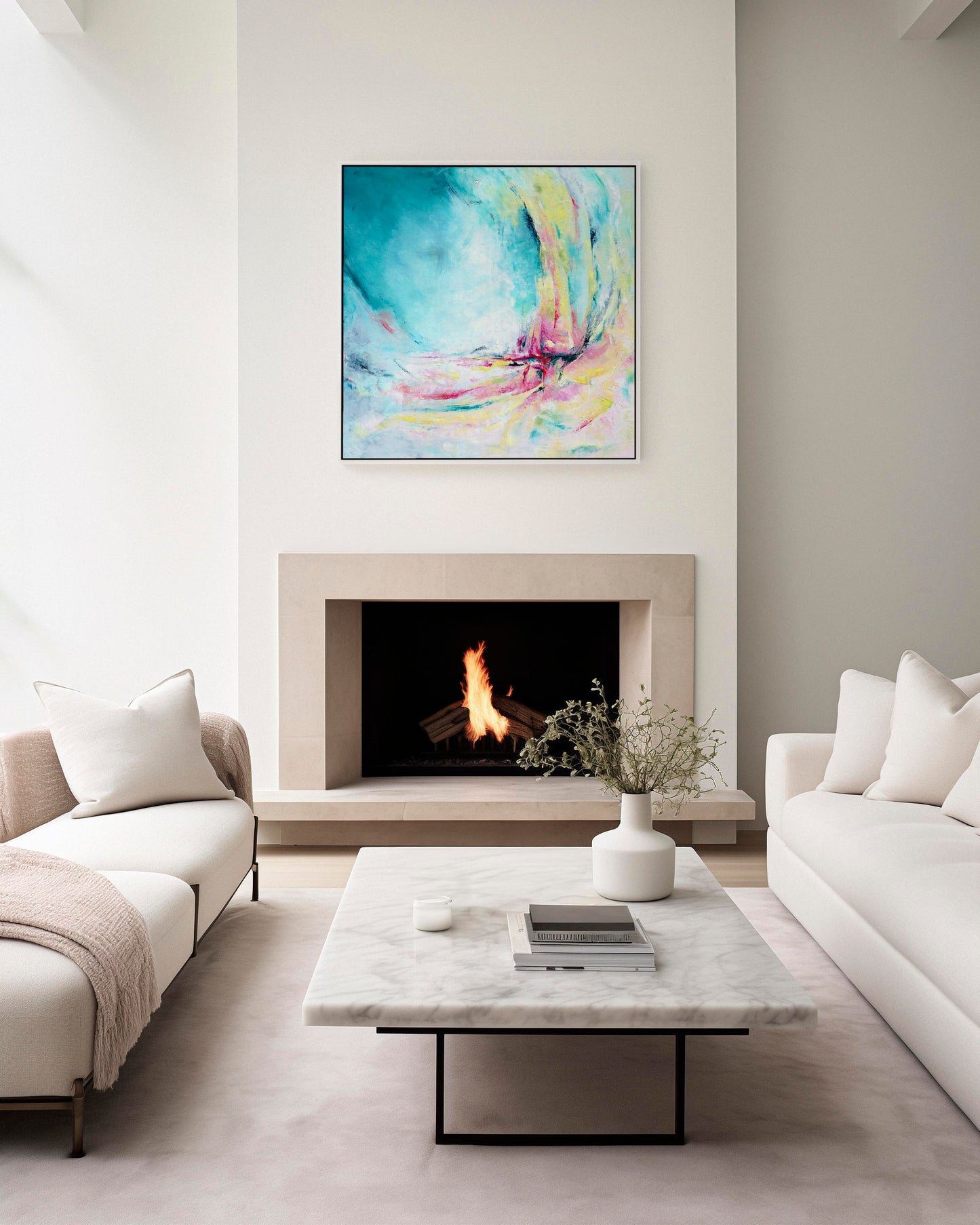 'Caribbean Blue' - Detail of sweeping brushwork in luminous teal and lime green, abstract summer artwork canvas print.