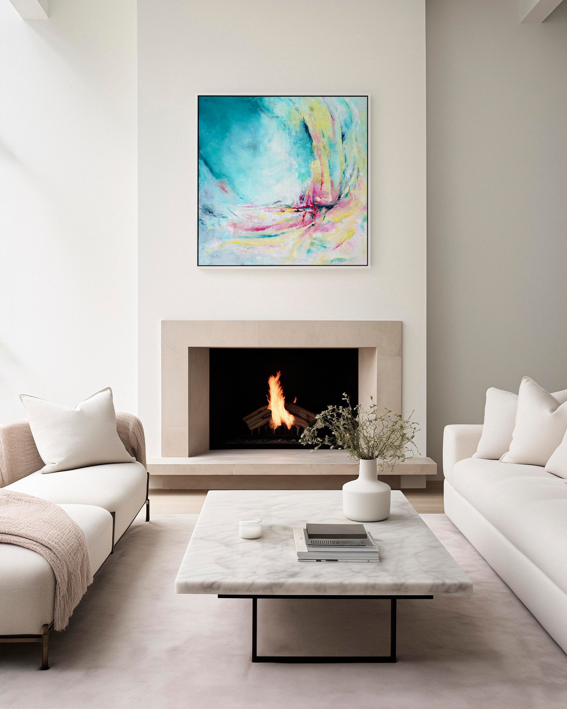 'Caribbean Blue' - Detail of sweeping brushwork in luminous teal and lime green, abstract summer artwork canvas print.