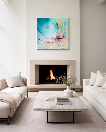 'Caribbean Blue' - Detail of sweeping brushwork in luminous teal and lime green, abstract summer artwork canvas print.