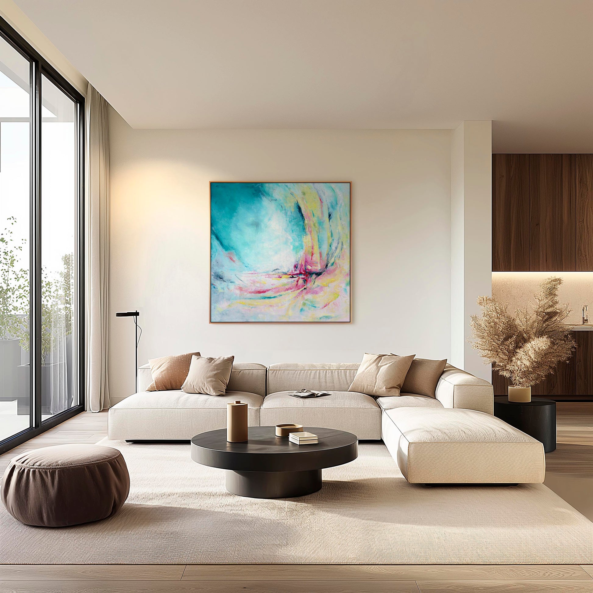 'Caribbean Blue' - Vibrant summer artwork canvas print in turquoise, pink and yellow, joyful abstract wall art for the home.