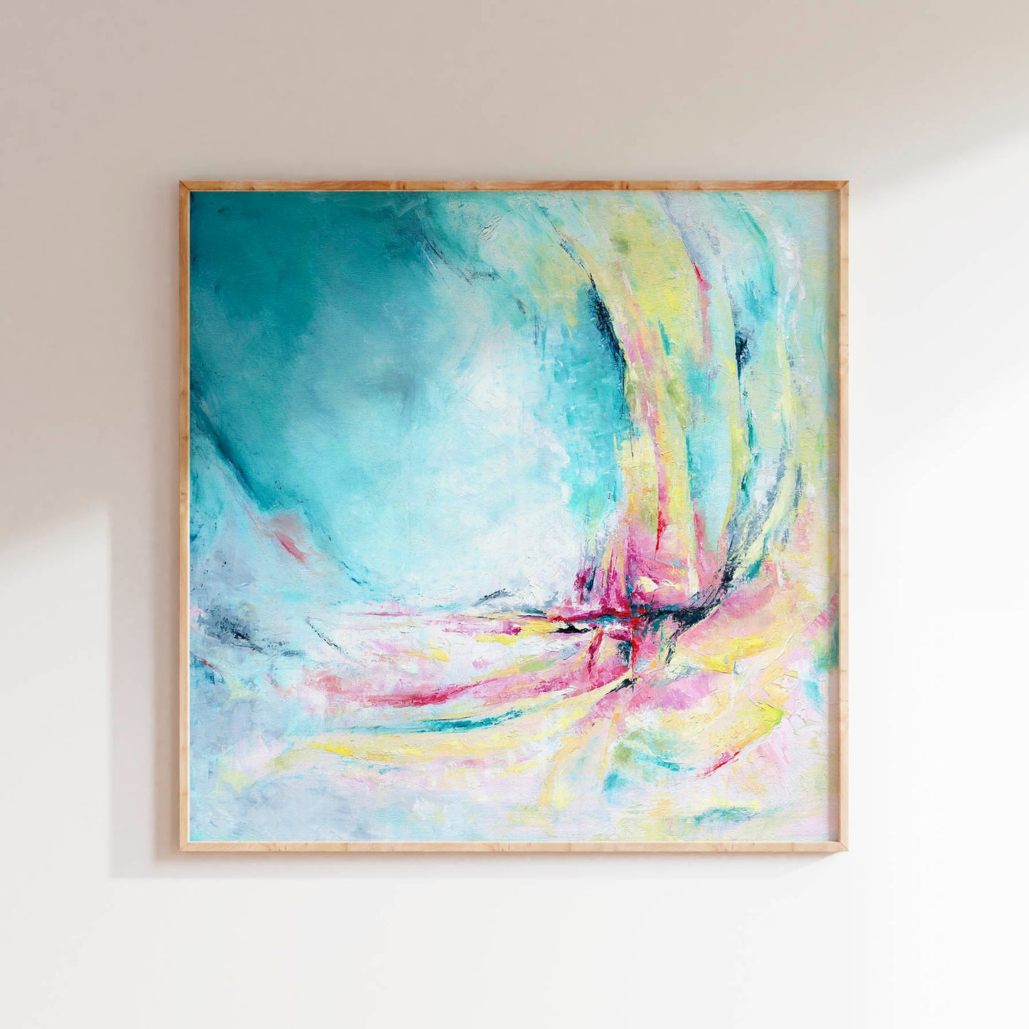 'Caribbean Blue' - A vibrant abstract canvas print in luminous turquoise, teal, hot pink and warm yellow — bold, joyful oil painting about living a fully alive, colour-filled and irrepressibly vibrant life, by Kate Shephard Art.